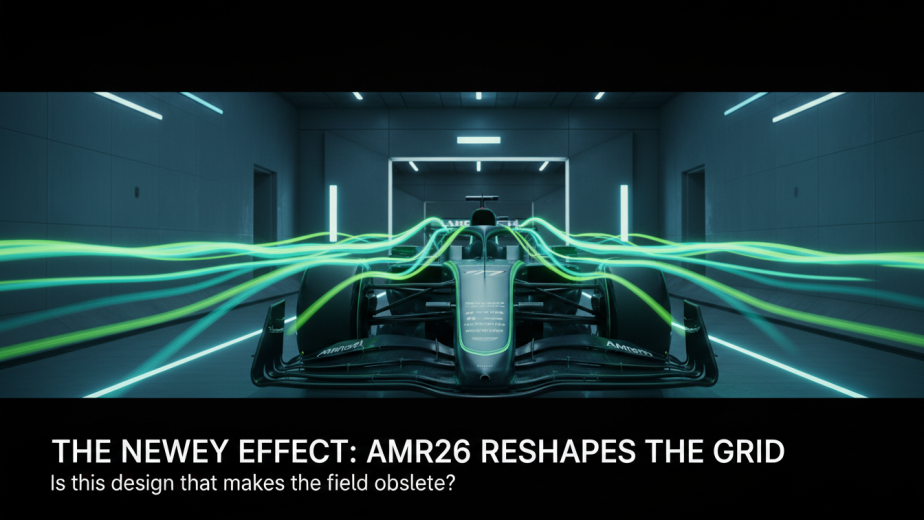 Adrian Newey standing next to the aggressive Aston Martin AMR26 car during the February 2026 technical showcase.