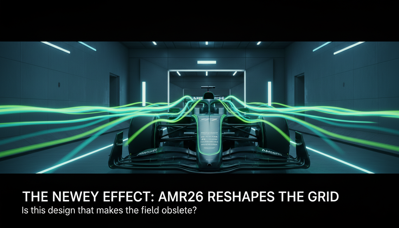 Adrian Newey standing next to the aggressive Aston Martin AMR26 car during the February 2026 technical showcase.