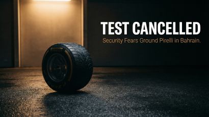 Pirelli Bahrain F1 tyre test cancelled 2026 with wet tyre on empty pit lane and test cancelled typography