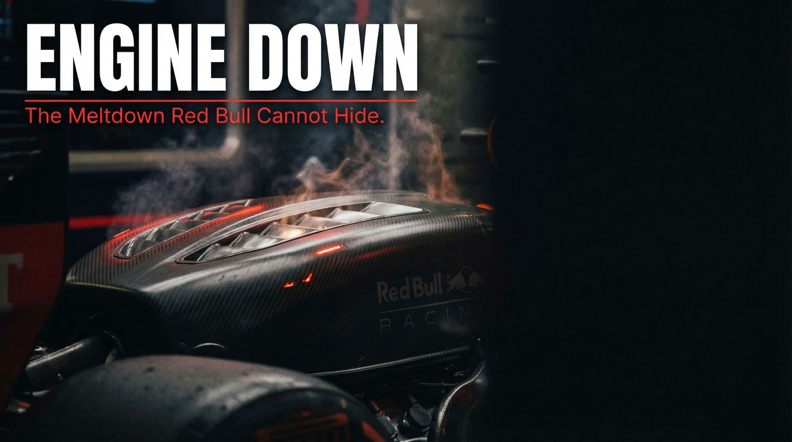 Red Bull Ford 2026 engine crisis with smoking engine cover in dark garage and engine down typography