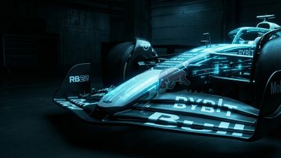 2026 Red Bull F1 car glowing with digital data and Oracle branding.
