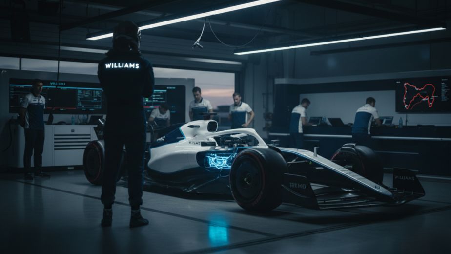 Carlos Sainz stands in the Williams garage examining the 2026 F1 hybrid power unit ahead of the Australian Grand Prix