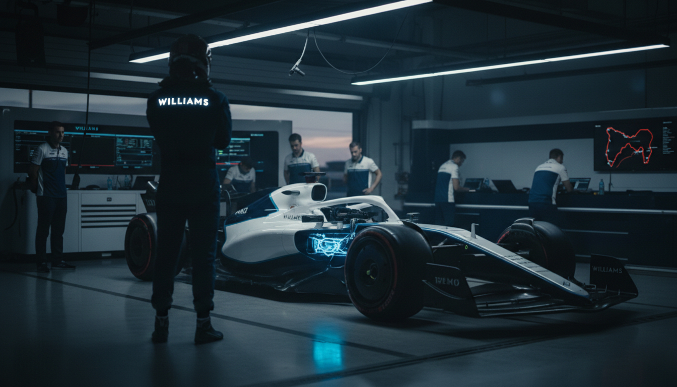 Carlos Sainz stands in the Williams garage examining the 2026 F1 hybrid power unit ahead of the Australian Grand Prix