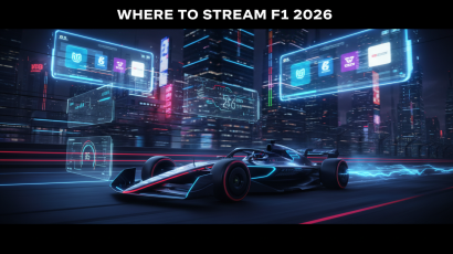 Futuristic Formula 1 2026 car with digital streaming screens and telemetry graphics showing where to stream Formula 1 2026 live