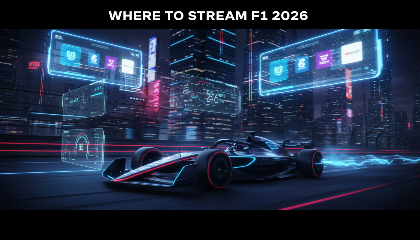Futuristic Formula 1 2026 car with digital streaming screens and telemetry graphics showing where to stream Formula 1 2026 live