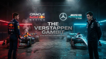 Max Verstappen in Red Bull suit walking away from a smoking RB22 toward Toto Wolff and a silver Mercedes car in a dark Bahrain garage.