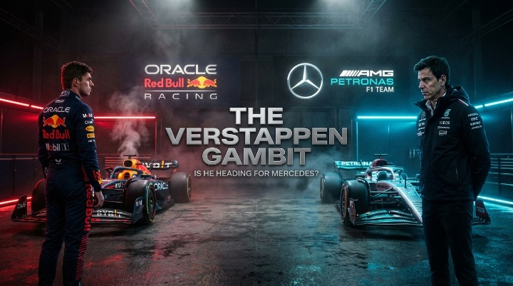 Max Verstappen in Red Bull suit walking away from a smoking RB22 toward Toto Wolff and a silver Mercedes car in a dark Bahrain garage.