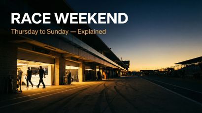 F1 race weekend explained — pit lane at dawn with team garages and editorial typography