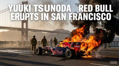 Yuki Tsunoda escaping a burning Red Bull RB7 F1 car during the 2026 San Francisco showrun with the Golden Gate Bridge in the background.