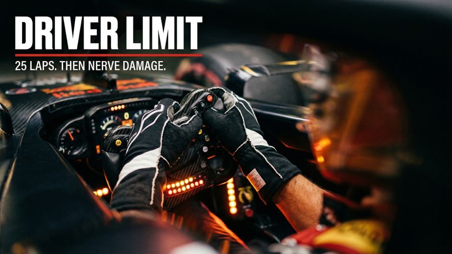 Aston Martin 2026 vibration crisis with racing gloves gripping steering wheel and driver limit typography