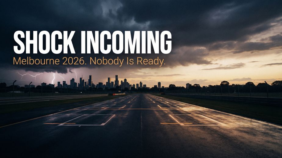 Australian GP 2026 prediction article with empty Albert Park grid under storm clouds and shock incoming typography