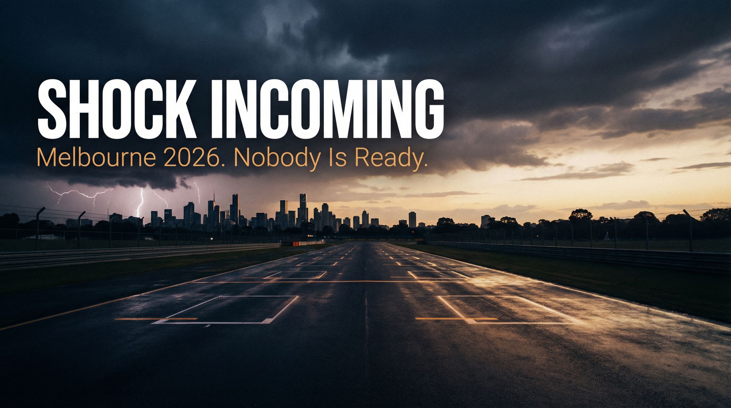 Australian GP 2026 prediction article with empty Albert Park grid under storm clouds and shock incoming typography
