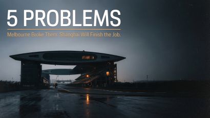 Chinese GP 2026 preview analysis showing Shanghai circuit building at dusk with five problems from Melbourne