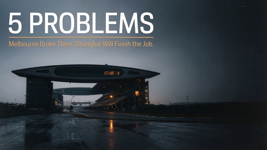 Chinese GP 2026 preview analysis showing Shanghai circuit building at dusk with five problems from Melbourne
