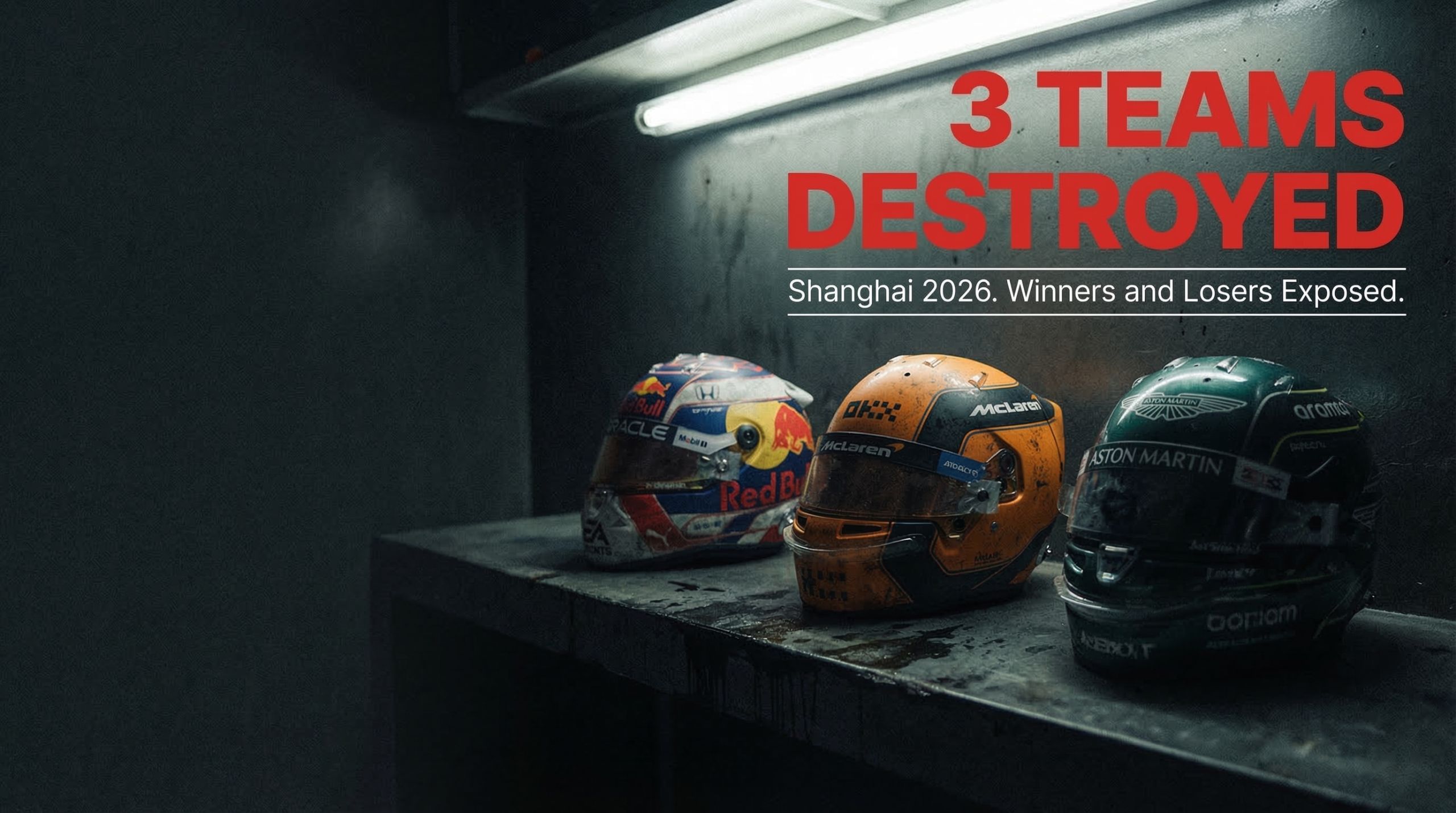Chinese GP 2026 winners and losers three teams destroyed with Red Bull McLaren Aston Martin helmets abandoned