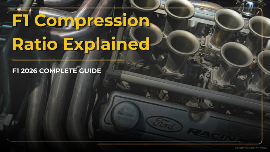 Polished F1 engine piston on dark carbon surface with bold white educational typography explaining F1 compression ratio for beginners