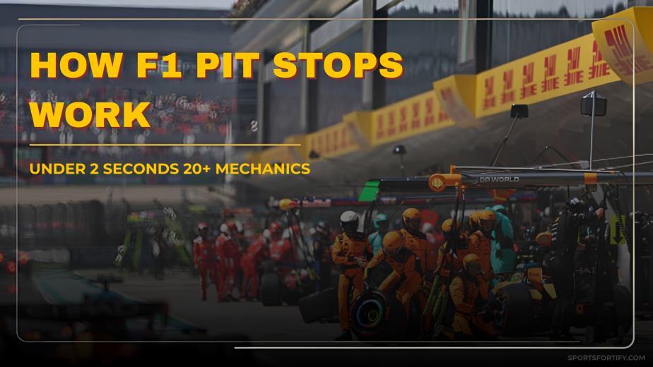 F1 pit stop showing 20 mechanics changing all four tyres in under 2 seconds during a Formula 1 race