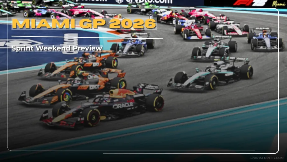 Miami Grand Prix 2026 cars racing through Turn 1 at Hard Rock Stadium
