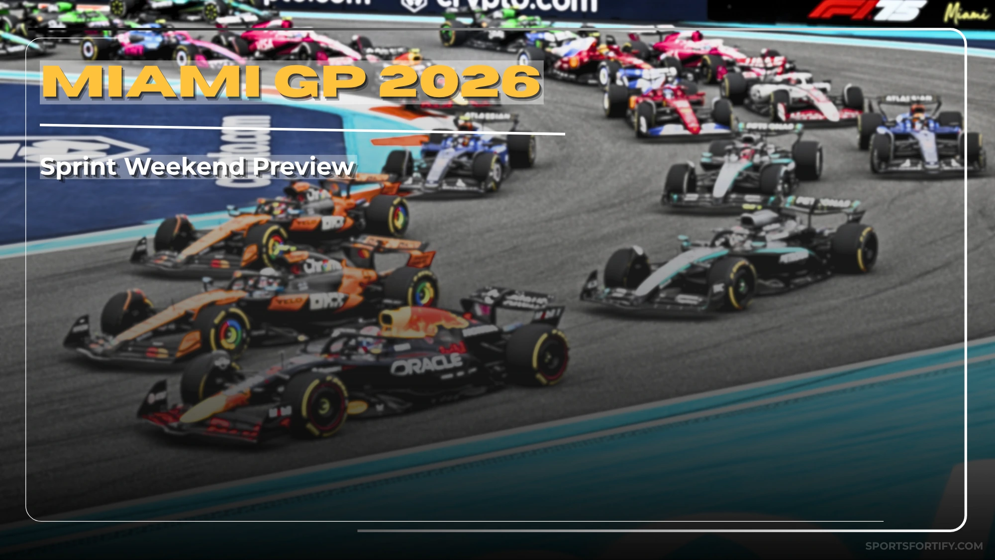 Miami Grand Prix 2026 cars racing through Turn 1 at Hard Rock Stadium