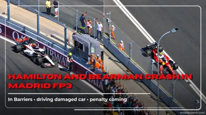 Lewis Hamilton's Ferrari against the barriers during the Madrid FP3 red flag