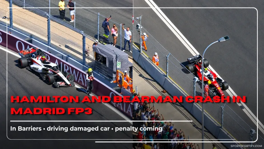 Lewis Hamilton's Ferrari against the barriers during the Madrid FP3 red flag