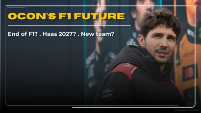 Esteban Ocon looking thoughtful in Haas team jacket with text overlay asking what comes next for him in Formula 1 after 2026