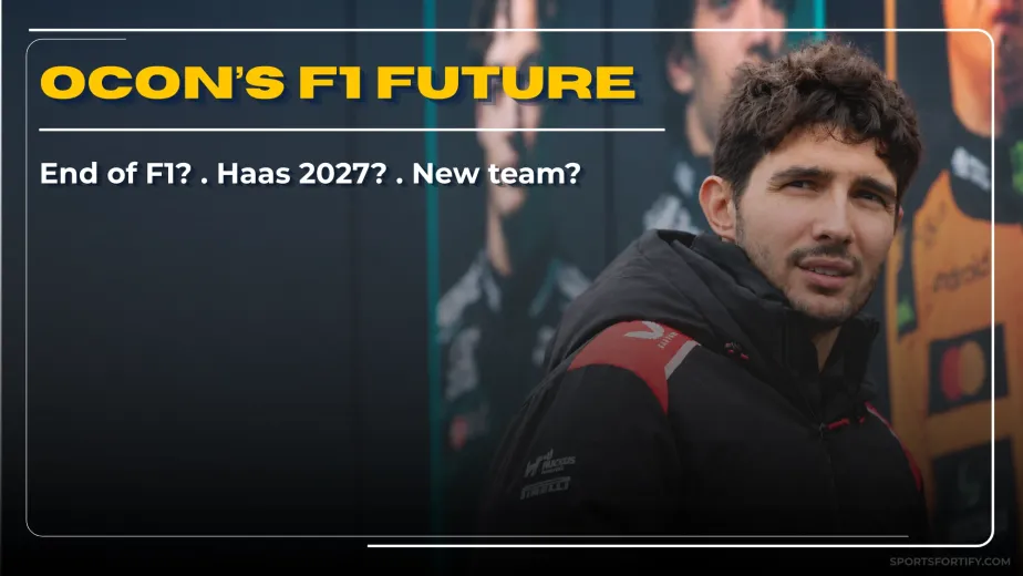 Esteban Ocon looking thoughtful in Haas team jacket with text overlay asking what comes next for him in Formula 1 after 2026