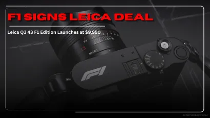 Official Leica Q3 43 Formula 1 Edition camera featuring carbon fiber grip, F1 logo on the top plate, and racing-inspired design. Special edition launched under Leica and Formula 1 licensing partnership.