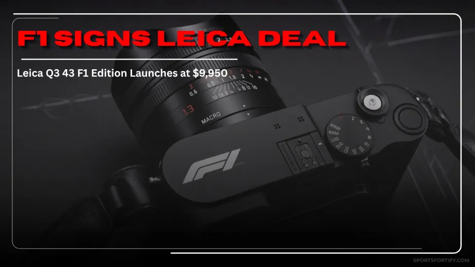 Official Leica Q3 43 Formula 1 Edition camera featuring carbon fiber grip, F1 logo on the top plate, and racing-inspired design. Special edition launched under Leica and Formula 1 licensing partnership.