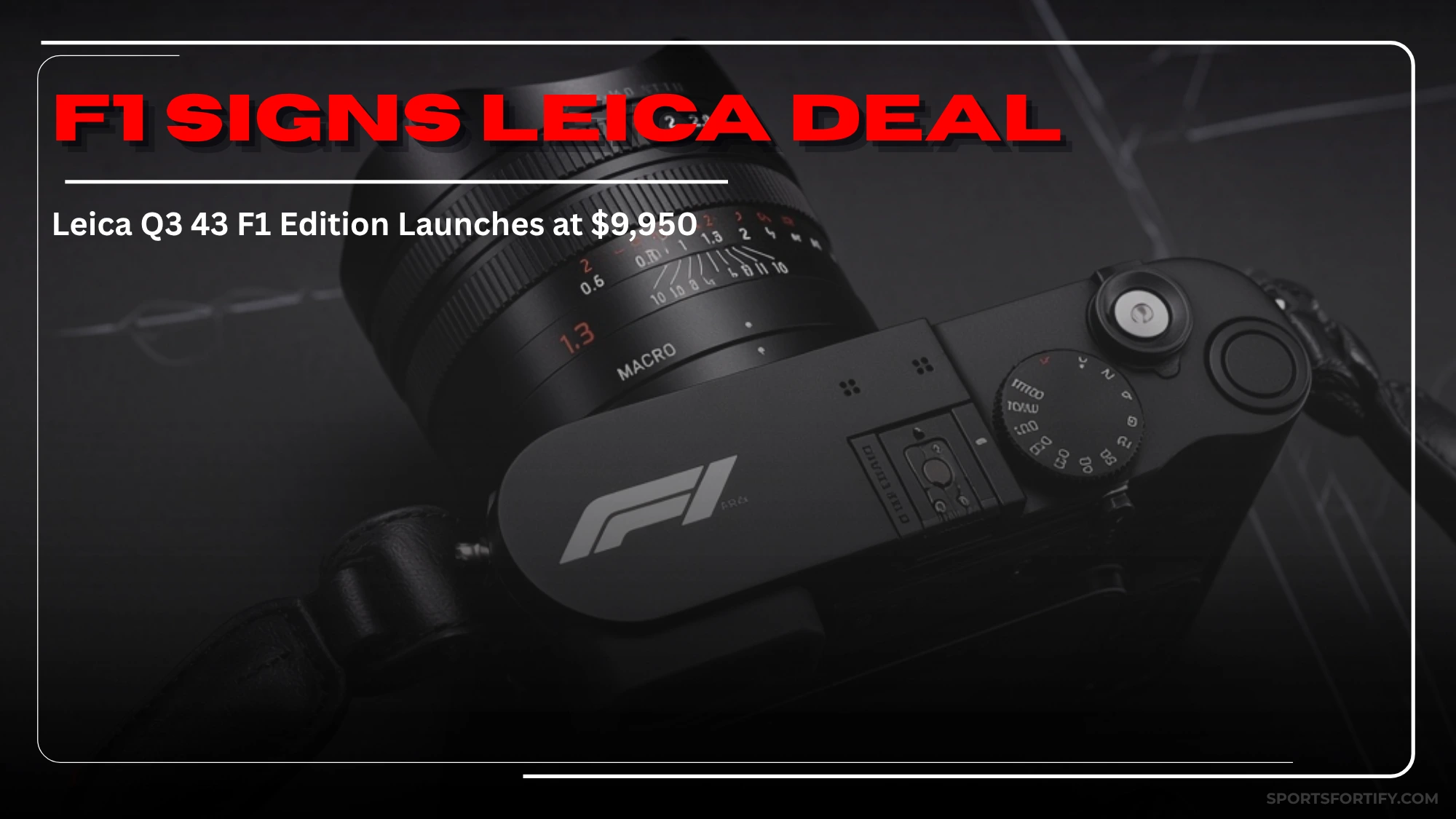 Official Leica Q3 43 Formula 1 Edition camera featuring carbon fiber grip, F1 logo on the top plate, and racing-inspired design. Special edition launched under Leica and Formula 1 licensing partnership.