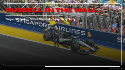 Singapore sprint crash George Russell Mercedes hits wall Marina Bay